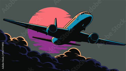 Airplane Taking Off at Sunset, Vector Illustration