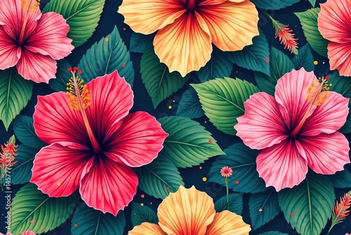 Wallpaper Mural Bold tropical hibiscus pattern, vibrant colors, decoration, green Torontodigital.ca