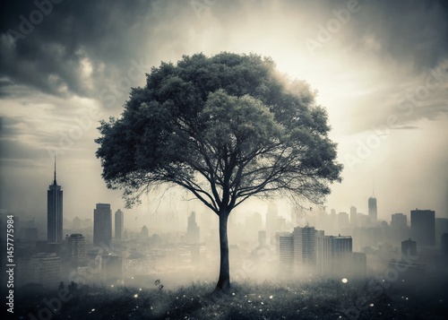 Monochromatic Double Exposure: Cityscape and Tree Silhouette