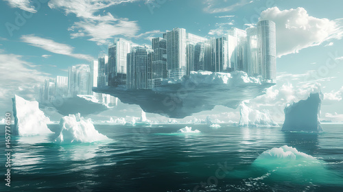 Subaqueous zone under wave s crest proving uplift and shift of icebergs veiling most of their load beneath ripples. [Graviton Cities] | Buoyant Megastructures | floating bulk. Illustration