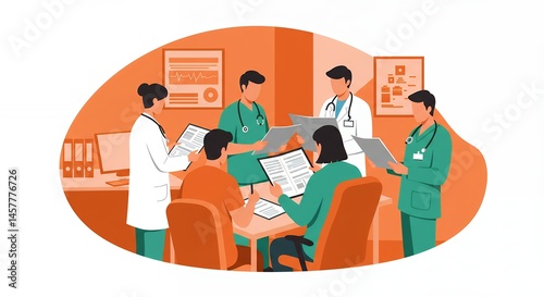 Medical team review patient data in a collaborative meeting surrounded by charts and records