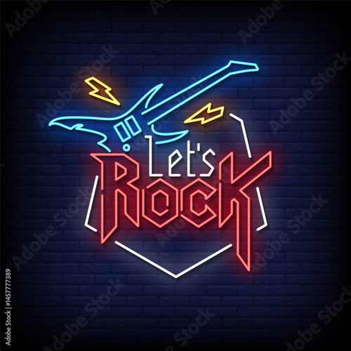 lets rock neon sign with brick wall background vector