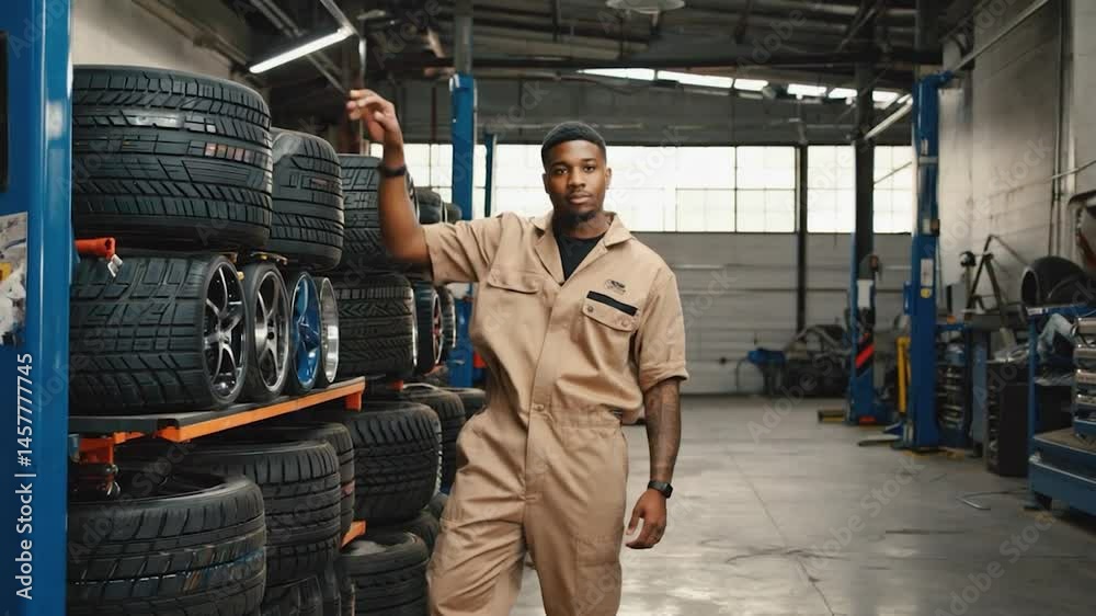 Black mechanic leaning on tire rack in auto repair shop. Possible use Stock photo Black mechanic leaning on tire rack in auto repair shop. Possible use Stock photo