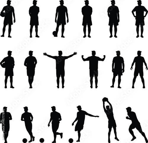 Silhouettes of Soccer Players in Various Action Poses, Vector Illustration.