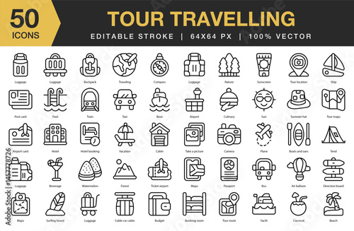 Tour Traveling icon set. Editable Stroke Icon Collection. Includes travel, tour, trip, vacation, tourism, adventure, journey, and More. Outline icons vector collection.
