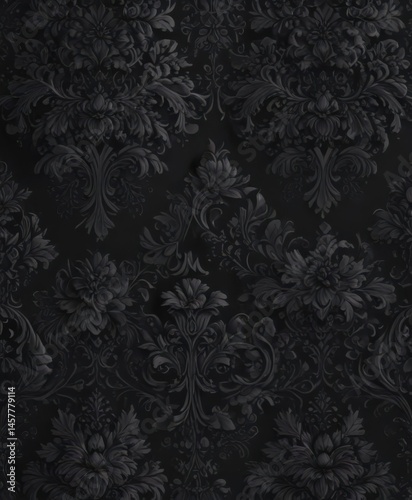 Deep black seamless damask, rich floral details, gothic design, scroll, tapestry