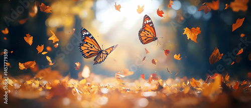 Autumn Butterflies Among Falling Leaves