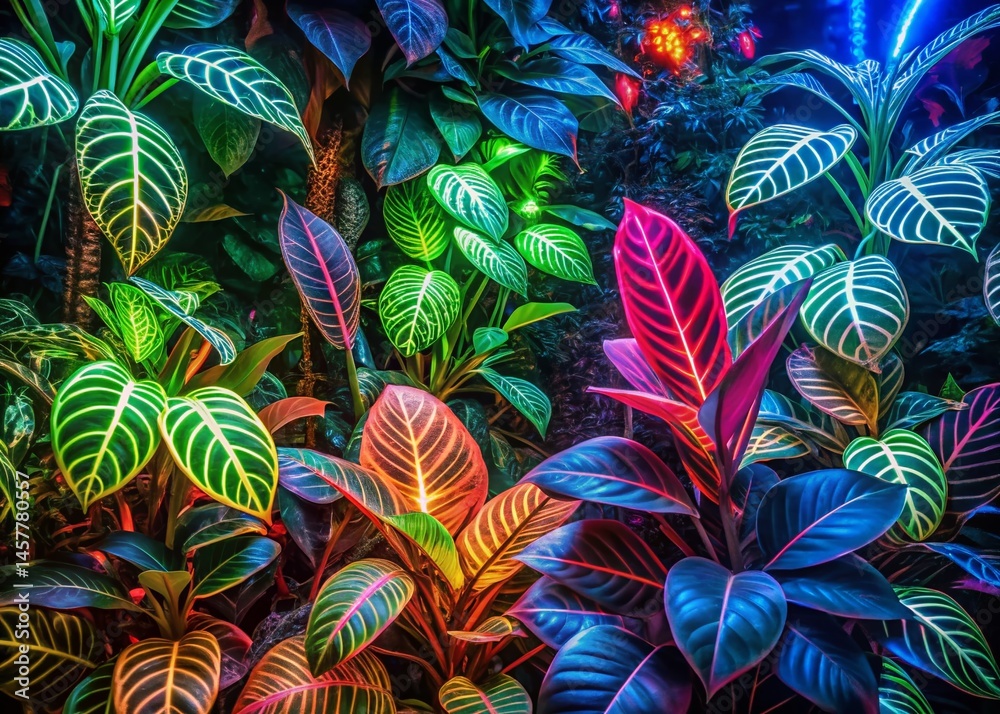 Neon Plant Garden: Long Exposure Art Pattern Stock Photo