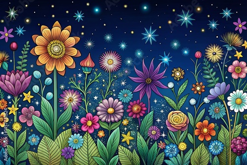 Night Bloom: Charming Hand-Drawn Flower Garden Line Art Night Photography Backdrop