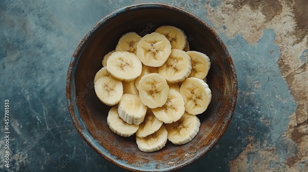 Naklejka premium A top down view of sliced bananas in a rustic bowl on a textured blue and beige surface top