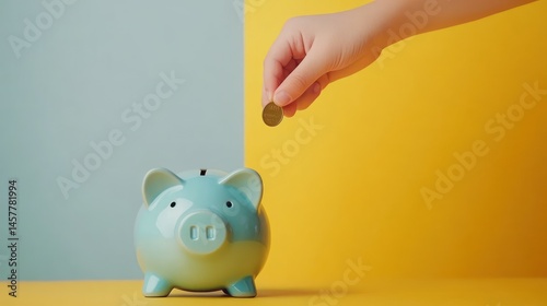 Saving money with piggy bank on colorful background