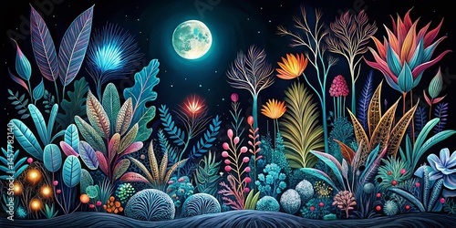 Night Garden: Intricate Plant Line Drawing, Organic Texture, Dark Botanical Art