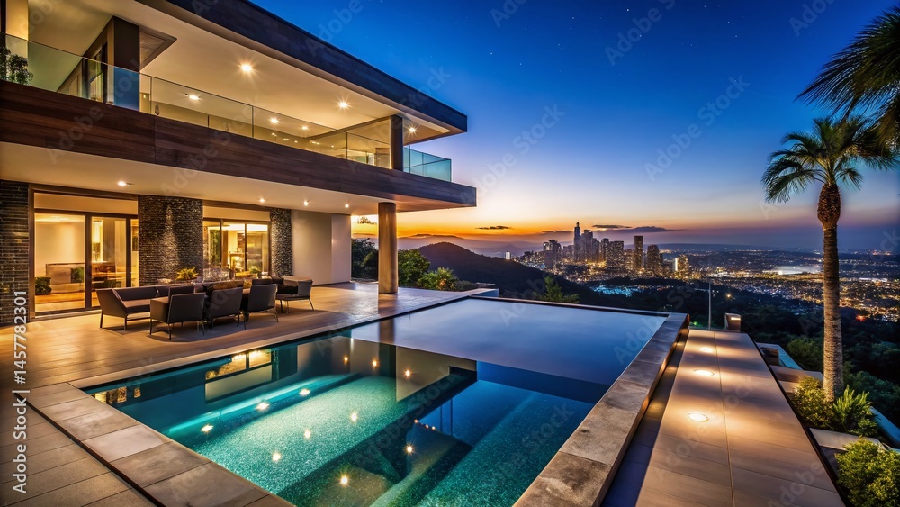 Fototapeta premium Night Luxury Home Infinity Pool Panoramic View Modern Architecture