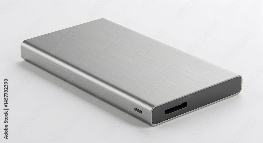 A close up shot of a silver external hard drive on a white surface with a minimalist design A close up shot of a silver external hard drive on a white surface with a minimalist design