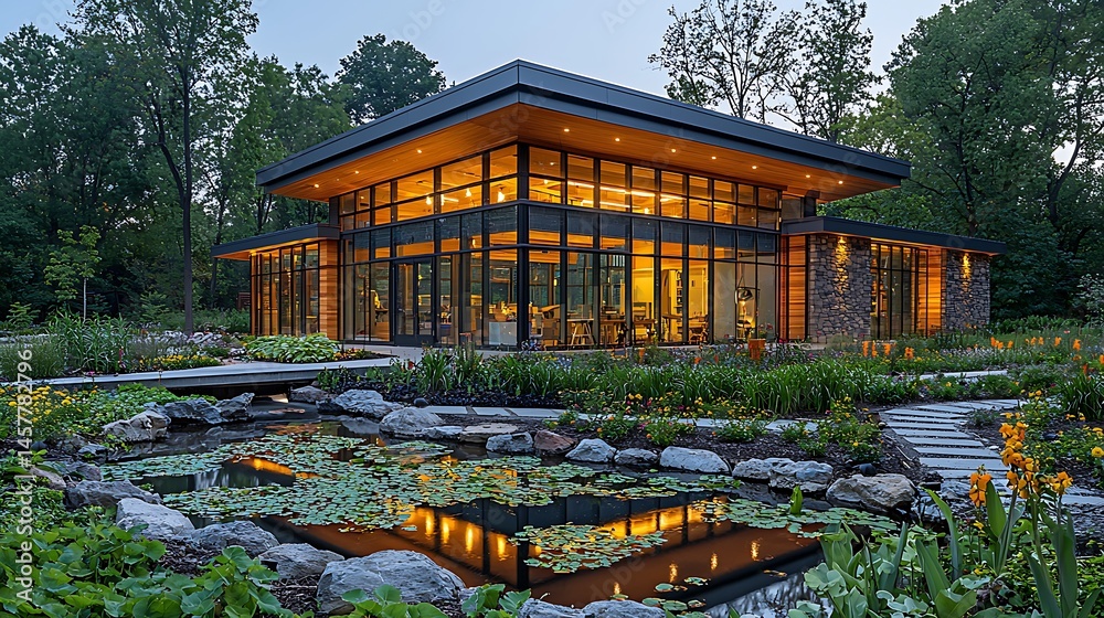 Obraz premium Modern architectural design of a glass house surrounded by landscaped gardens at dusk
