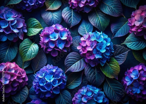 Night Photography: Blue Purple Hydrangea Floral Pattern - Stock Image