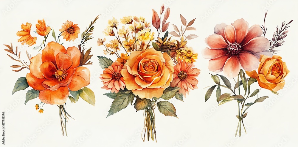 Obraz premium Orange autumn floral bouquets watercolor