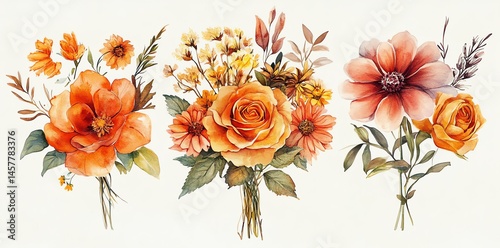 Orange autumn floral bouquets watercolor