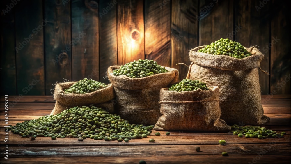 Night Photography: Three Jute Bags of Green Coffee Beans on Rustic Wood Night Photography: Three Jute Bags of Green Coffee Beans on Rustic Wood