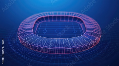 3D Wireframe Model of Stadium with Soccer Field in Neon Colors for Digital Design and Visualization