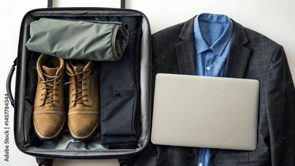 Naklejka premium Travel bag with shoes, laptop, and formal wear laid out neatly.