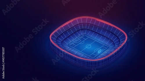 Futuristic Neon Soccer Stadium Design in 3D Wireframe with Digital Grid Elements and Vibrant Color Background