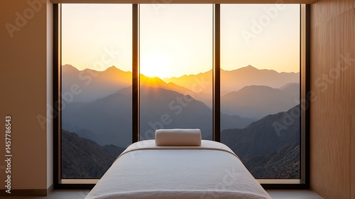 A peaceful spa bed faces large windows with a stunning sunrise view over serene mountain ranges, creating a tranquil and relaxing atmosphere.