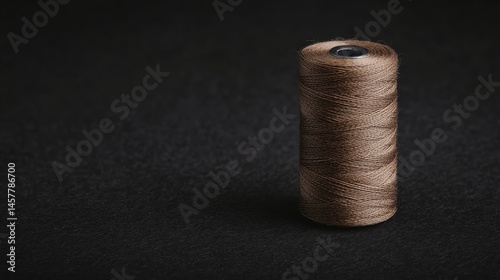 A spool of brown thread stands upright on a dark textured surface, highlighted by soft lighting and deep shadows.