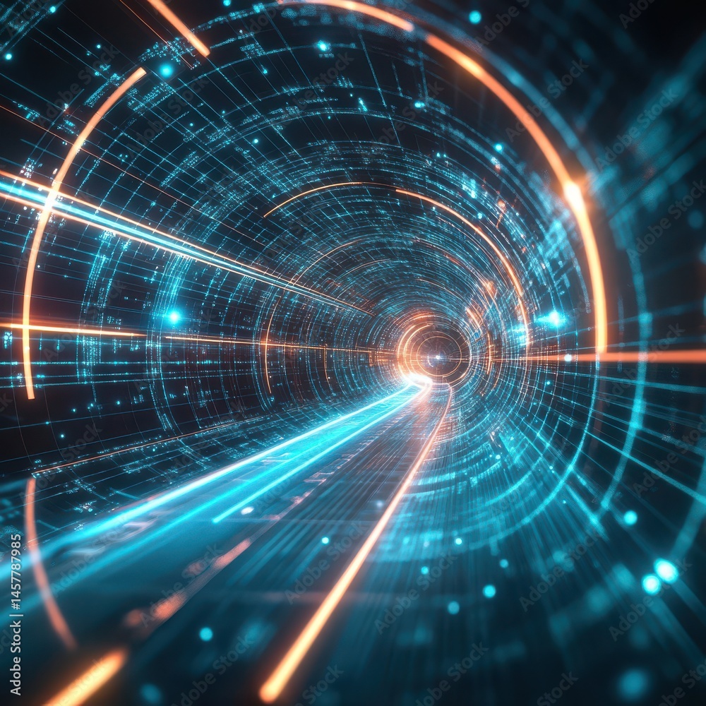 Obraz premium Dynamic light trails in a futuristic tunnel imaginary universe digital art dark environment aerial perspective