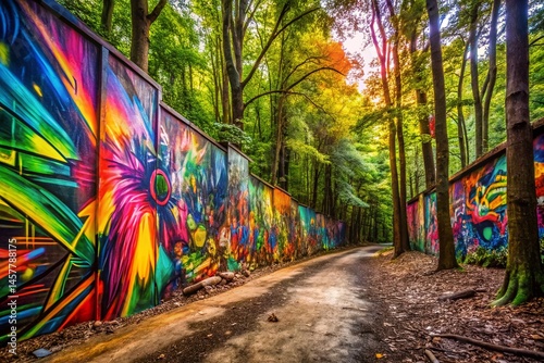 Panoramic Abstract Graffiti Woodland Forest Art - Vibrant Paintbrush Strokes