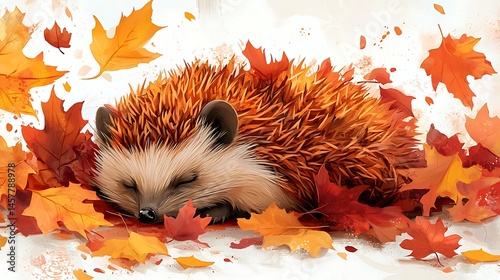 Cute Hedgehog Sleeping among Vibrant Autumn Leaves in a Cozy Natural Setting
