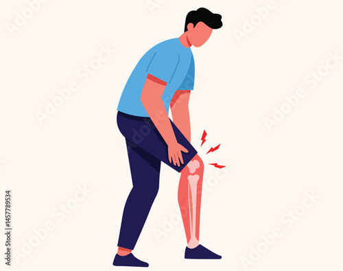 Flat vector illustration of a young man experiencing leg pain, representing muscle or bone issues.