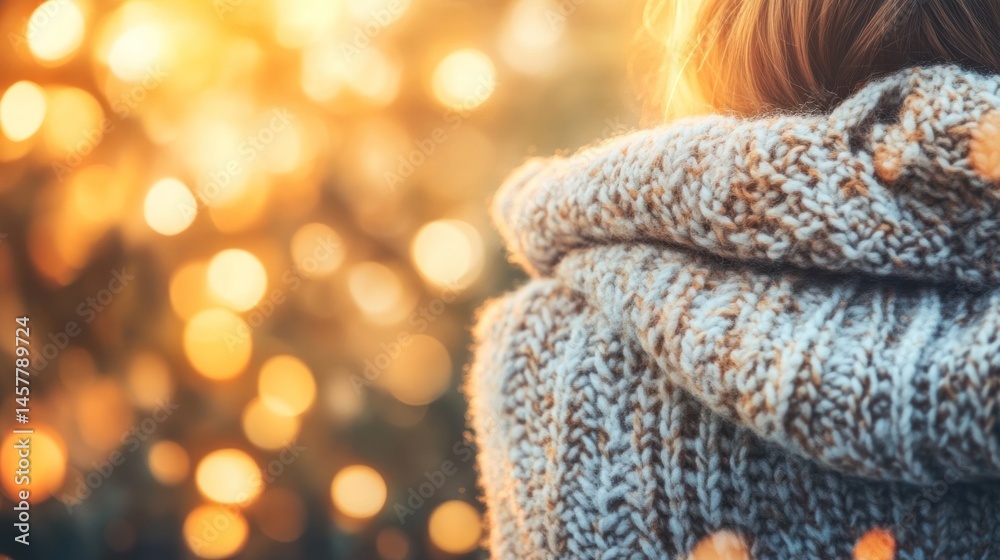 Obraz premium Golden Hour Serenity: A Woman's Cozy Embrace of Autumn's Warmth