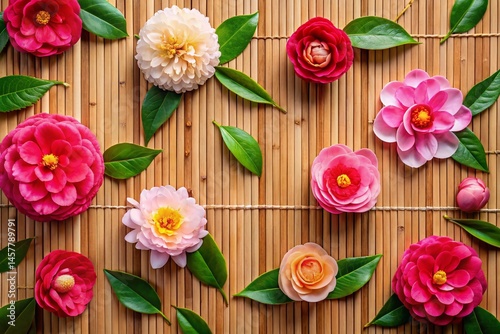 Panoramic Flat Lay: Camellias & Bamboo - Natural Hues & Soft Textures