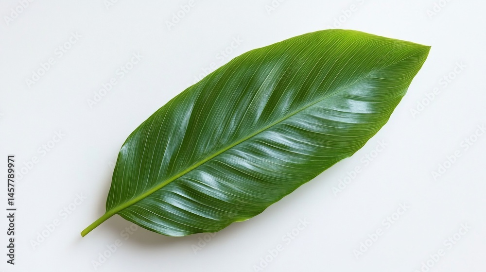Fototapeta premium Single, glossy, large green leaf on white background, veins visible