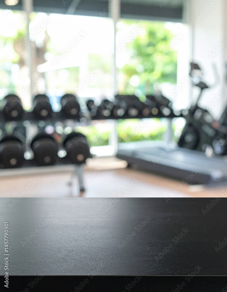 Fototapeta premium A sleek black table is prominently featured, adorned with various weights and dumbbells in the background, creating a dynamic fitness atmosphere.