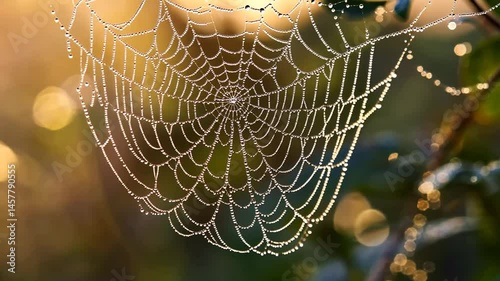 Delicate spiderweb covered in morning dew, sparkling in the sunlight close up
