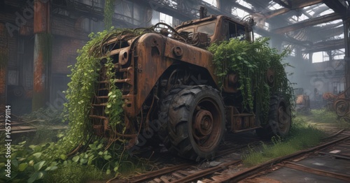 Overgrown vines crawl on rusted machinery in a crumbling factory ,  abandoned,  derelict,  photography