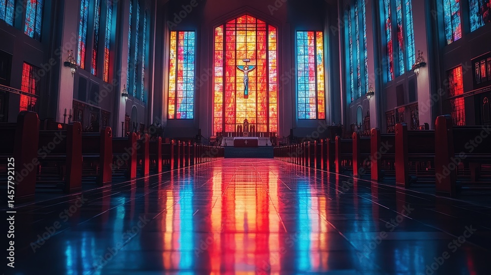 Obraz premium Illuminated church interior featuring vibrant stained glass windows and long rows of wooden pews.
