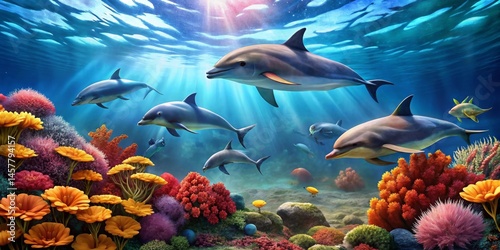 Oceanic Delight A vibrant underwater scene featuring playful dolphins gracefully swimming amidst a kaleidoscope of colorful coral reefs and diverse marine life