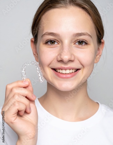 A young girl with a bright smile holds up her clear dental brace, showcasing her excitement and confidence in her orthodontic journey.