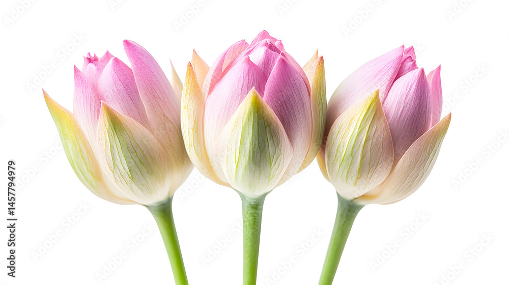 Fototapeta premium Lotus buds, delicate pink petals, gradient from purple to yellow, green stems, elegant botanical arrangement, soft white background
