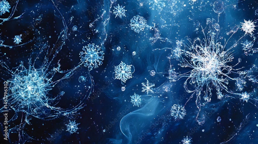 Fototapeta premium Detailed digital illustration of intricate snowflakes in a dark blue environment.