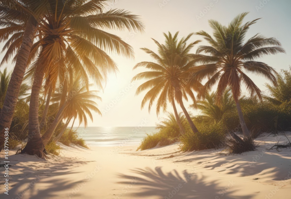 Fototapeta premium Sun-drenched palm trees arch over pristine sand, vintage film grain , calm, faded