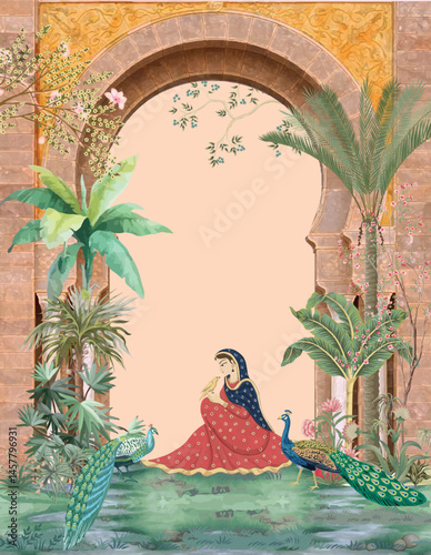 Traditional Mughal style illustration, Mughal Wedding Card, Mughal Arch, Groom and Bride.