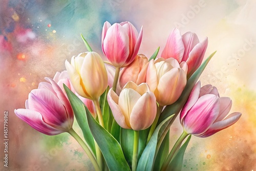 Pastel Pink & White Tulips Watercolor Vignette - Cozy Floral Long Exposure Photography