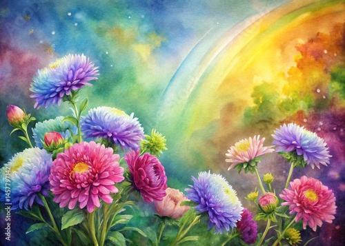 Pastel Rainbow Asters Watercolor Painting - Cozy Garden Floral Art Print