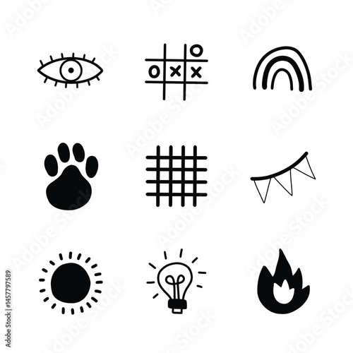 set of 9 simple editable icons such as eye, tic tac, rainbow, paw, sun, lamp, fire
