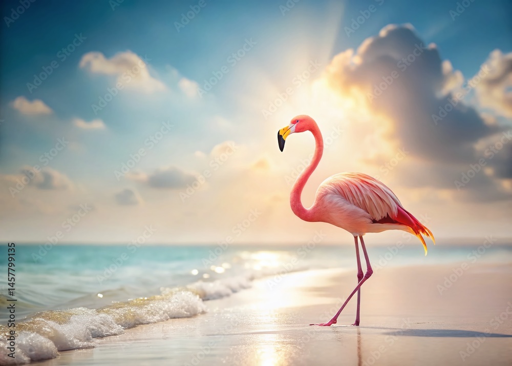 Fototapeta premium Pink Flamingo on Pristine White Sand Beach - Tropical Paradise