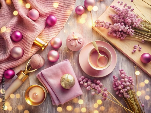 Pink & Lavender Flat Lay: Soft Textures, Rustic Textile, Golden Light Bokeh